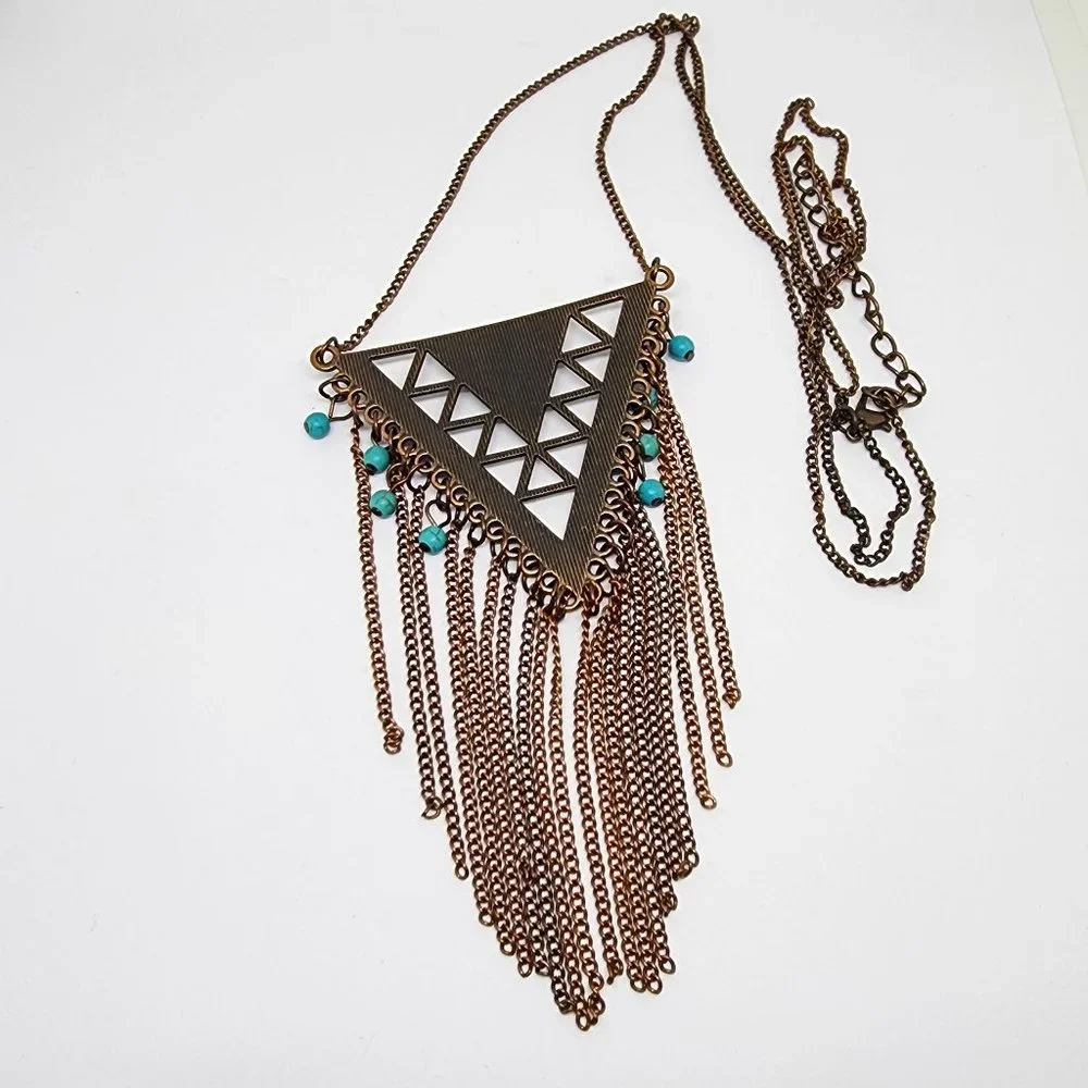 Southwest Tribal Modern Copper Long Fringe Turquoise Accent LONG 34